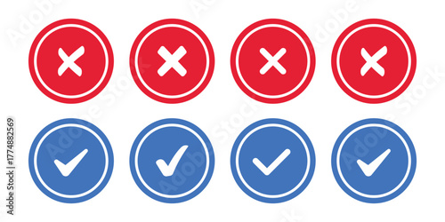 Checkmark and Cross Mark Icons: A collection of red circles with white 'X' marks and blue circles with white check marks create a simple and clear visual representation of options. 