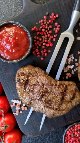 Food, grilled beef steak, roast meat for lunch. Grilled beef steak as a food background for your design.