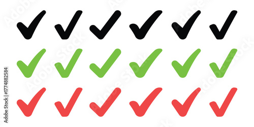 Checkmark Array: A neatly arranged array of colorful checkmarks, each symbol signifying approval, completion, or a positive affirmation. The set encapsulates choices and confirmation.