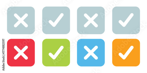 Approval and Disapproval Icons: Colorful check marks and crosses, a clear visual language of acceptance and rejection. They're neatly arranged in a grid, ideal for conveying choices.