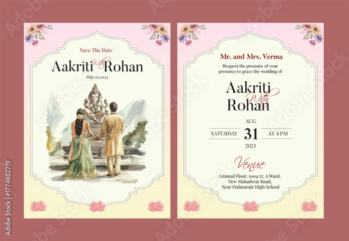 Romantic indian wedding save the date invitation with couple on swing