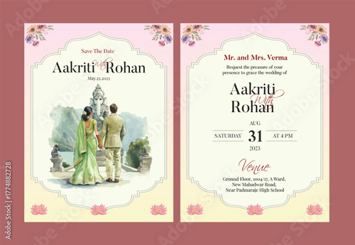 Romantic indian wedding save the date invitation with couple on swing