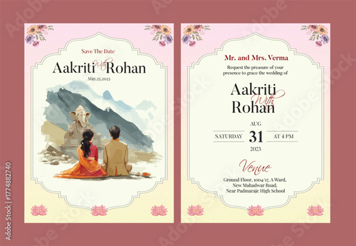 Romantic indian wedding save the date invitation with couple on swing