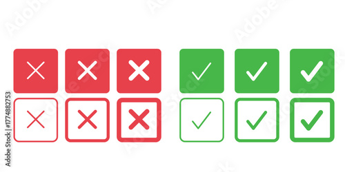 Checkmark and Cross Mark: A composition featuring several checkmarks and cross marks, arranged in a grid-like pattern, symbolizing choices and decisions.