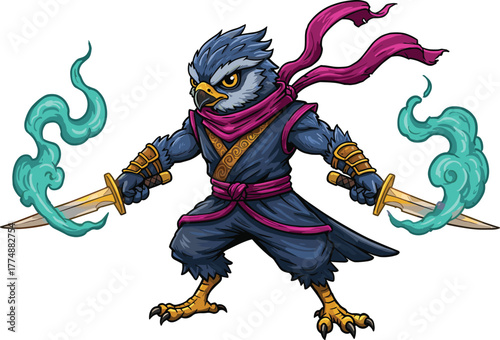 Anthropomorphic bird ninja wielding dual flaming swords in dynamic pose with magical green fire and warrior attire