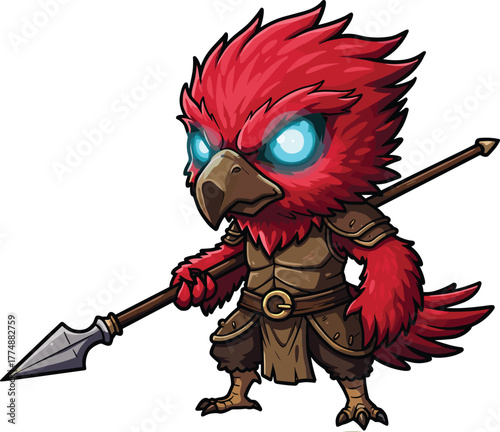 Anthropomorphic bird warrior with glowing blue eyes, red feathers, brown armor, and sharp spear in fantasy battle stance
