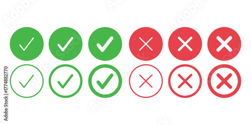 Correct and Incorrect Choices: A set of ten circular symbols, a vibrant display of green check marks alongside red X symbols, representing both validation and rejection in a modern visual manner.