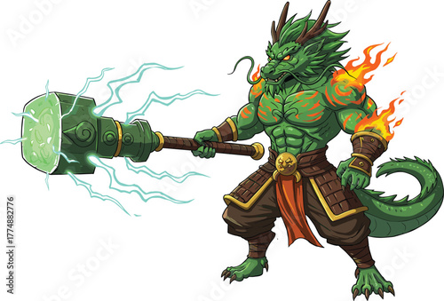 Anthropomorphic Dragon Warrior with Glowing Electric Hammer and Flaming Shoulders in Brown and Gold Armor Battle Pose