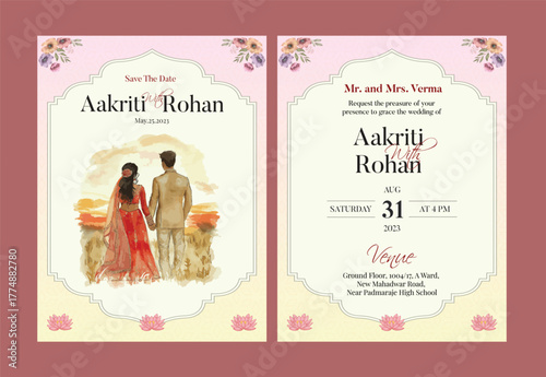 Romantic indian wedding save the date invitation with couple on swing