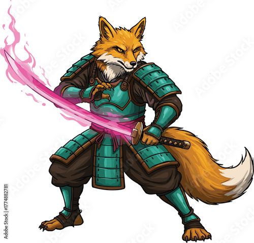 Anthropomorphic fox samurai wielding flaming pink sword in dynamic pose wearing teal armor with fantasy elements
