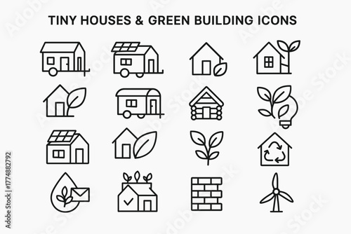 Tiny Houses and Green Building Icons – Eco Home and Sustainable Architecture Line Set