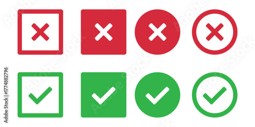 Checkmark and Cross Icons: A visually clear and distinct set of checkmark and cross icons in green and red. Symbols of choice and negation.