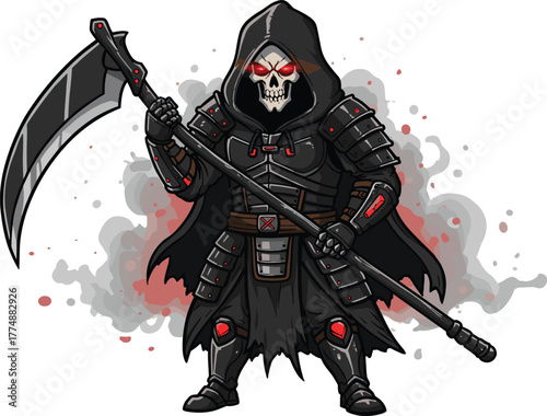 Dark armored reaper with glowing red eyes, hooded cloak, curved scythe, and smoky mist in fantasy horror style