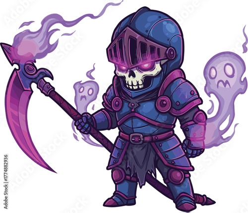 Dark Skeleton Warrior with Glowing Scythe Surrounded by Ghostly Mist in Fantasy Purple Armor and Haunted Atmosphere