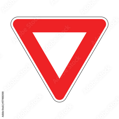 Yield road sign with red inverted triangle and white center for traffic regulation and right-of-way alerts