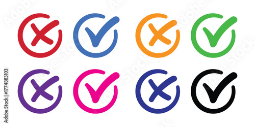Checks and Crosses: A vibrant array of checkmarks and crosses in various colors, symbolizing choices, decisions, and options.