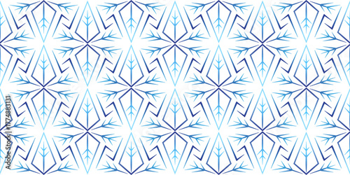 Winter geometry seamless pattern with snowflakes. Blue white Christmas background of snowflakes. Magical melting gradient. Unusual Christmas decor