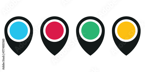 Pinpoint the Way: A graphic arrangement of four vibrant location markers, each distinct in hue, charting a course for exploration, direction, and the spirit of discovery.