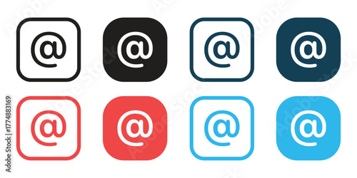 E-mail Icon Variations: Eight variations of the at symbol, or email icon, are presented in various colors and designs, perfect for digital communication.