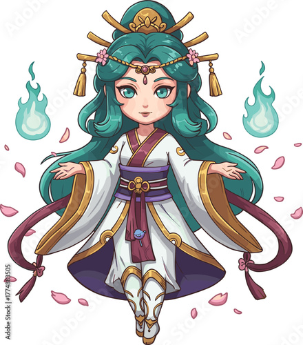 Mystical floating goddess with teal hair, divine robe, and magical flames in serene meditative fantasy pose