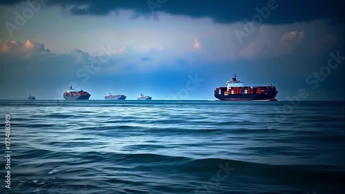 A group of ships in the ocean under a cloudy sky