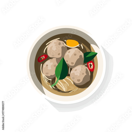 2D minimalist flat vector of a Bakso, contemporary clean design isolated on white.