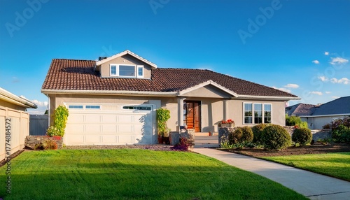 single story suburban home with a tiled roof and front garden under a clear blue sky