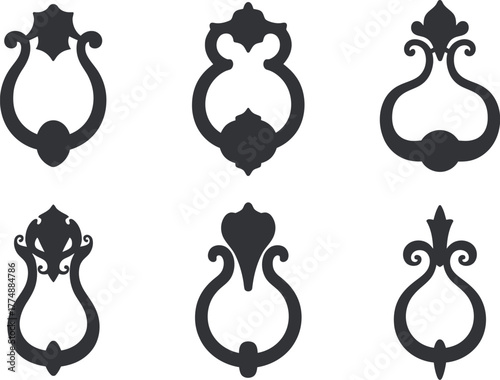 A collection of six ornate, black door knockers on a white background.