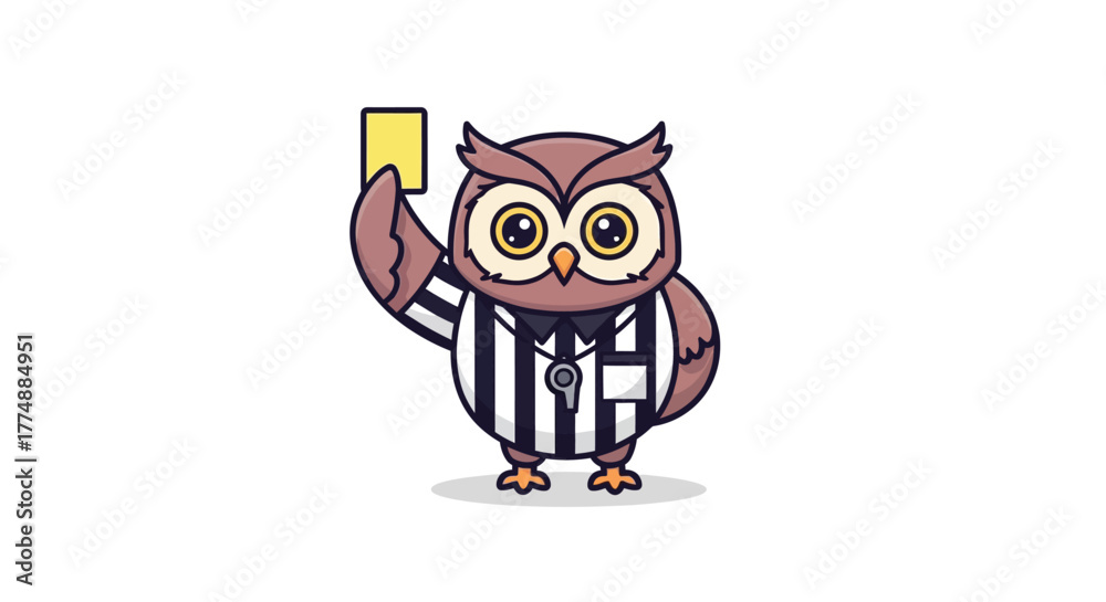 Fototapeta premium Cute Cartoon Owl Referee Character Holding Yellow Card Vector Illustration