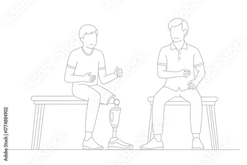 Man with prosthetic leg talking to another man while sitting on a bench.