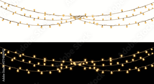 A festive string of warm white lights is presented against both a clean white background and a contrasting black backdrop for versatile design applications.