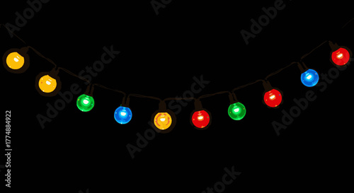 A string of colorful Christmas lights shines brightly against a stark black background, casting a warm glow and festive cheer, perfect for the holidays.