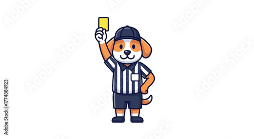 Cute Cartoon Dog Referee Character Holding Yellow Card Vector Illustration