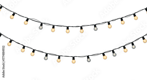 Two strands of decorative string lights with alternating gold and silver bulbs are strung across a white background, creating a festive and celebratory ambiance.