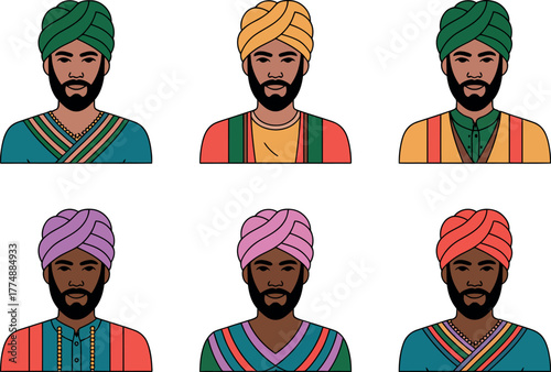 Six diverse men are depicted wearing different colored turbans and traditional clothing.