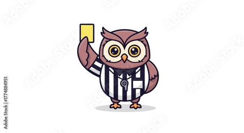 Cute Cartoon Owl Referee Character Holding Yellow Card Vector Illustration
