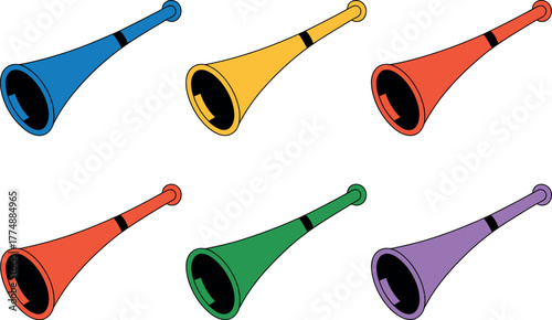 Six colorful vuvuzelas are arranged in two rows against a white background.