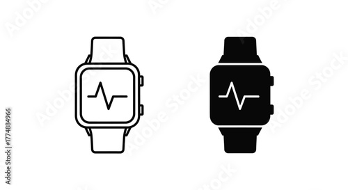Smartwatch Heart Rate Monitor Icon Set: Outline and Solid Glyph Style Vector