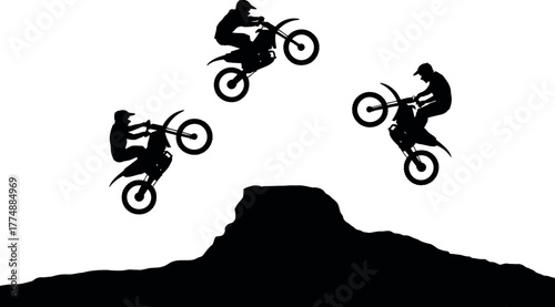 Motocross rider performs a jump over a dirt obstacle in a silhouette illustration.