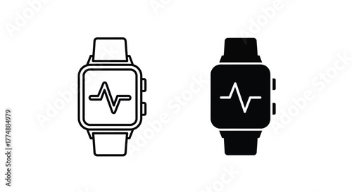 Smartwatch Heart Rate Monitor Icon Set: Outline and Solid Glyph Style Vector