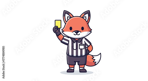 Cute Cartoon Fox Referee Holding Yellow Card Vector Illustration