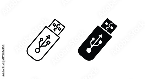 USB Flash Drive Icon Set: Outline and Solid Glyph Style Vector Illustration