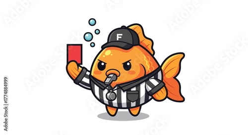 Cute Cartoon Goldfish Referee Character Holding Red Card Vector Illustration