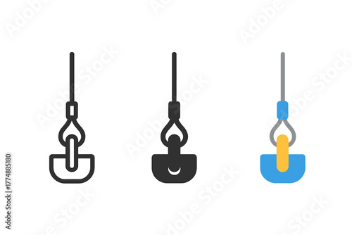 Cable Anchor Icons. Minimalist suspension detail icon: three identical cable and anchor icons in a row, first in line style with
