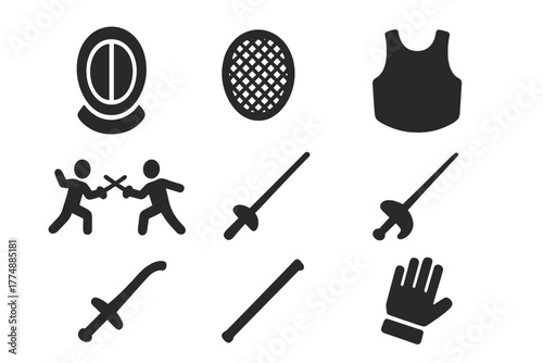Fencing Gear Icons. Solid style icons of Traditional Fencing Accessories: Fencing Mask, Mesh, Bib, Duel, Foil, Épée, Sabre, Glove,