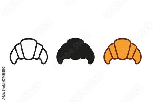 Minimalist Croissant Icons. Minimalist pastry icon: three identical croissant icons in a row, first in line style with thin