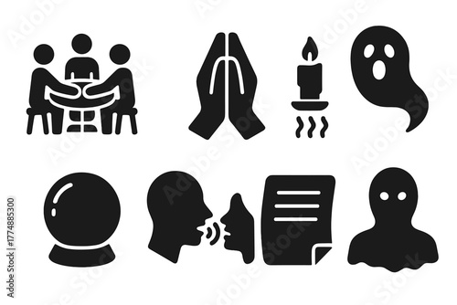 Iconic Spiritual Seance. Solid style icons of Spiritual Seance: Round Table, Joined Hands, Floating Candle, Ghostly Presence,