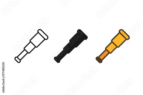 Minimalist Spyglass Trio. Minimalist spyglass icon: three identical handheld spyglasses in a row, first in line style with thin