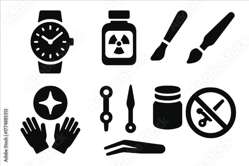 Luminous Watch Crafting. Solid style icons of Luminous Dial Crafting: Watch Face, Radium Paint, Brush, Glow, Clock Hands, Jar,