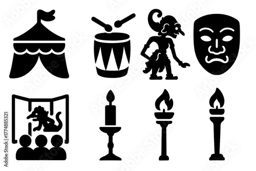 Cultural Show Icons. Solid style icons of Cultural Shadow Show: Festival Tent, Musical Drum, Carved Puppet, Painted Screen, Candle